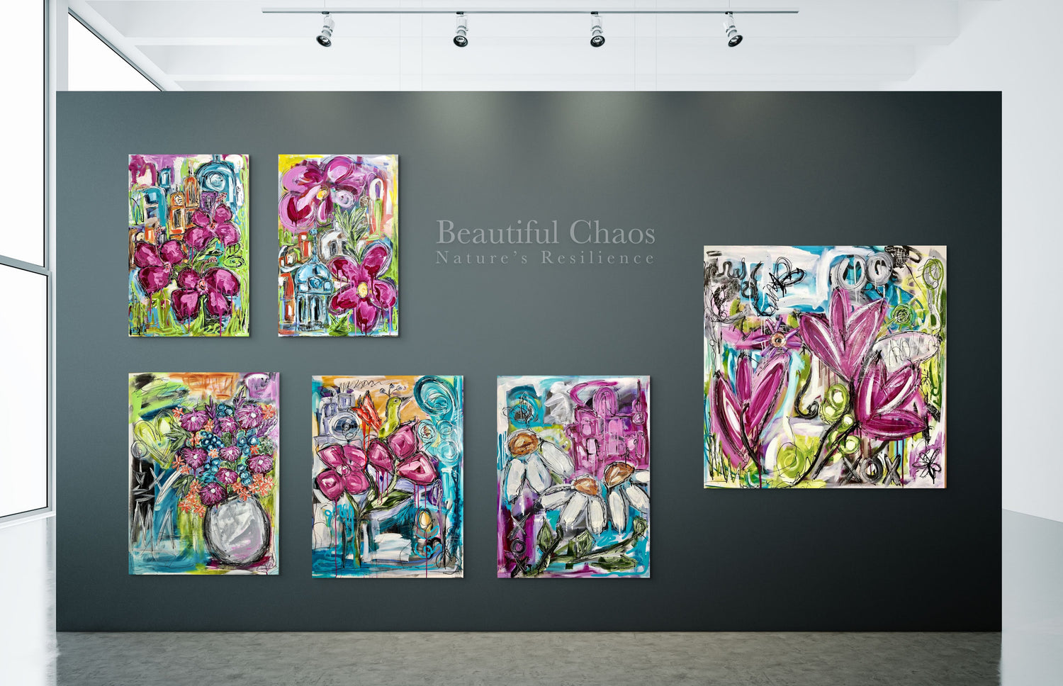 Colourful art collection with floral abstract paintings