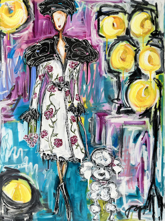 Vibrant acrylic painting of a glamour girl walking with her poodle at fashion week