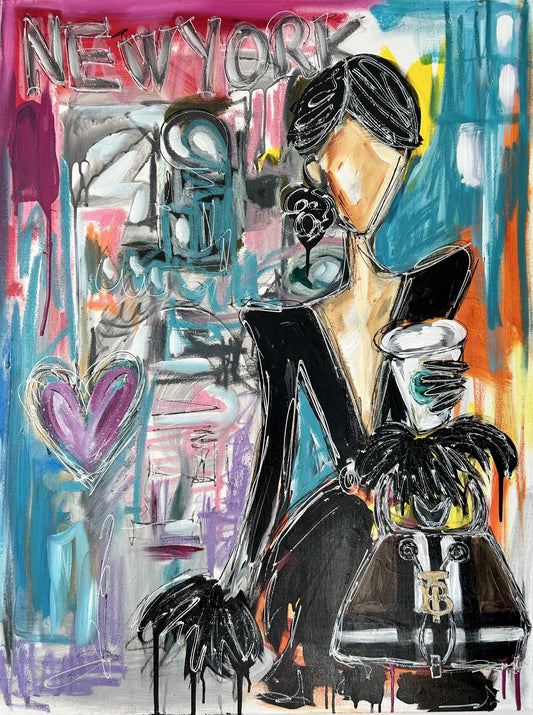 Acrylic Abstract Painting of a Glamour Girl in NYC with a Starbucks and Burberry Bag