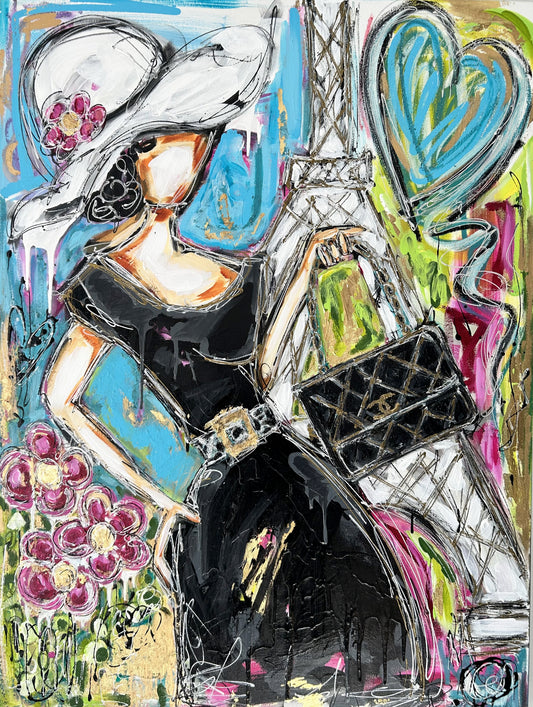 Acrylic painting with gold leaf of a girl dressed in Chanel posing in front of Eiffel Tower