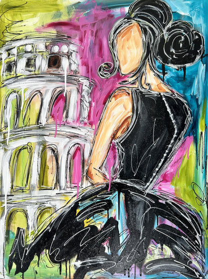 Acrylic painting of a girl dressed in Prada posing in front of the Pisa’s Tower Italy