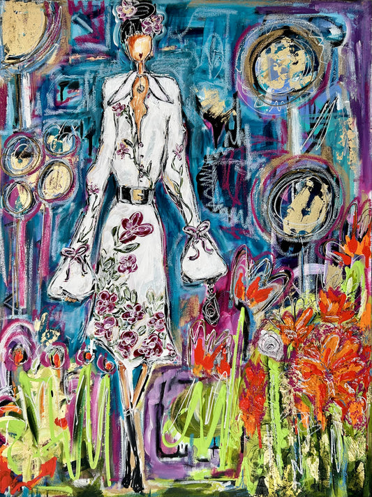 Acrylic Abstract Painting of a Glamour Girl in NYC Fashion Week walking down a runway of flowers at night 