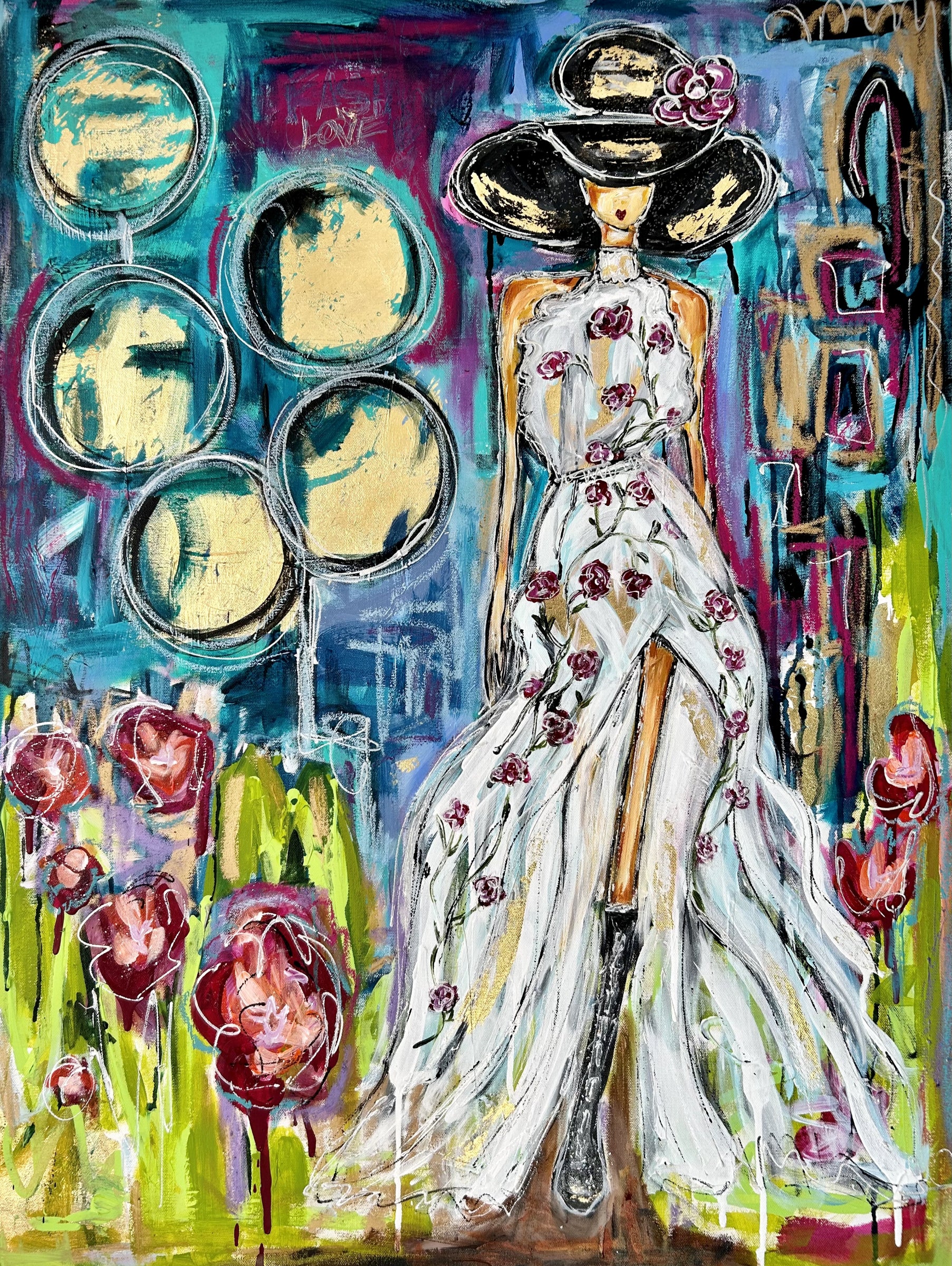 Acrylic Abstract Painting of a Glamour girl at Fashion Week walking down the runway of flowers  with a Starbucks and Burberry Bag