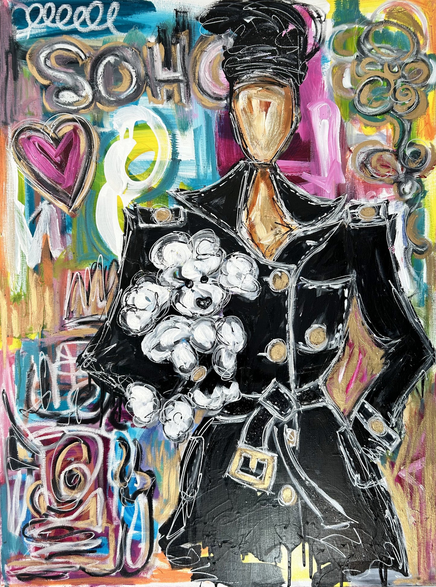 Colourful Acrylic Painting of a girl in SOHO with her white poodle