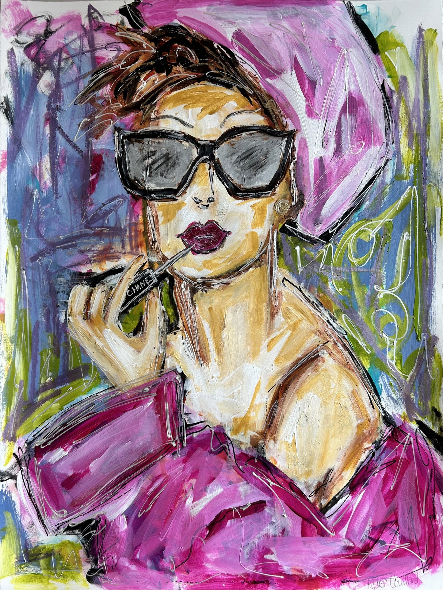 Glamour Girl In Pink Robe with Chanel Lipstick Painting