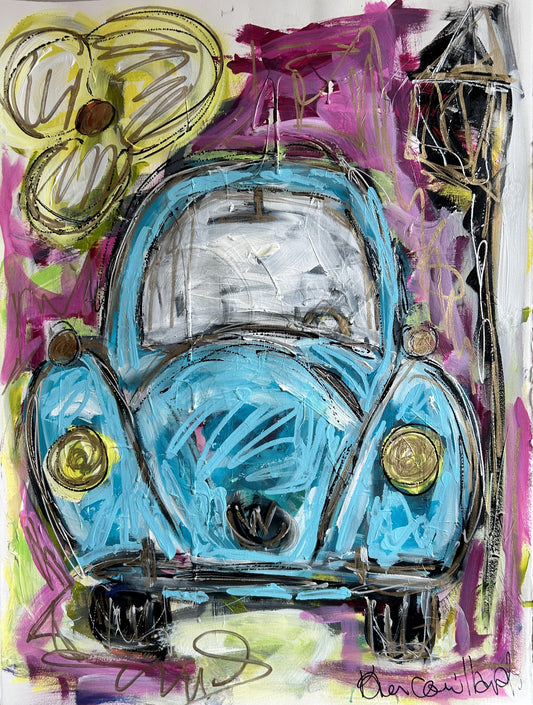 Blue Volkswagen 1970’s Beetle Painting on Paper